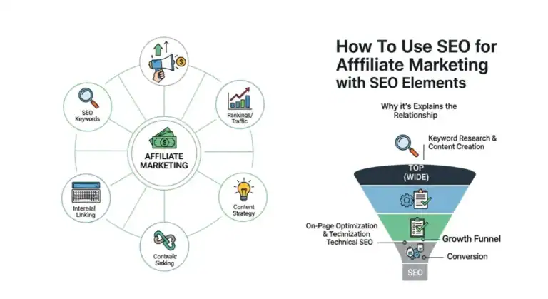 SEO for Affiliate Marketing: Diagram of key elements & growth funnel.